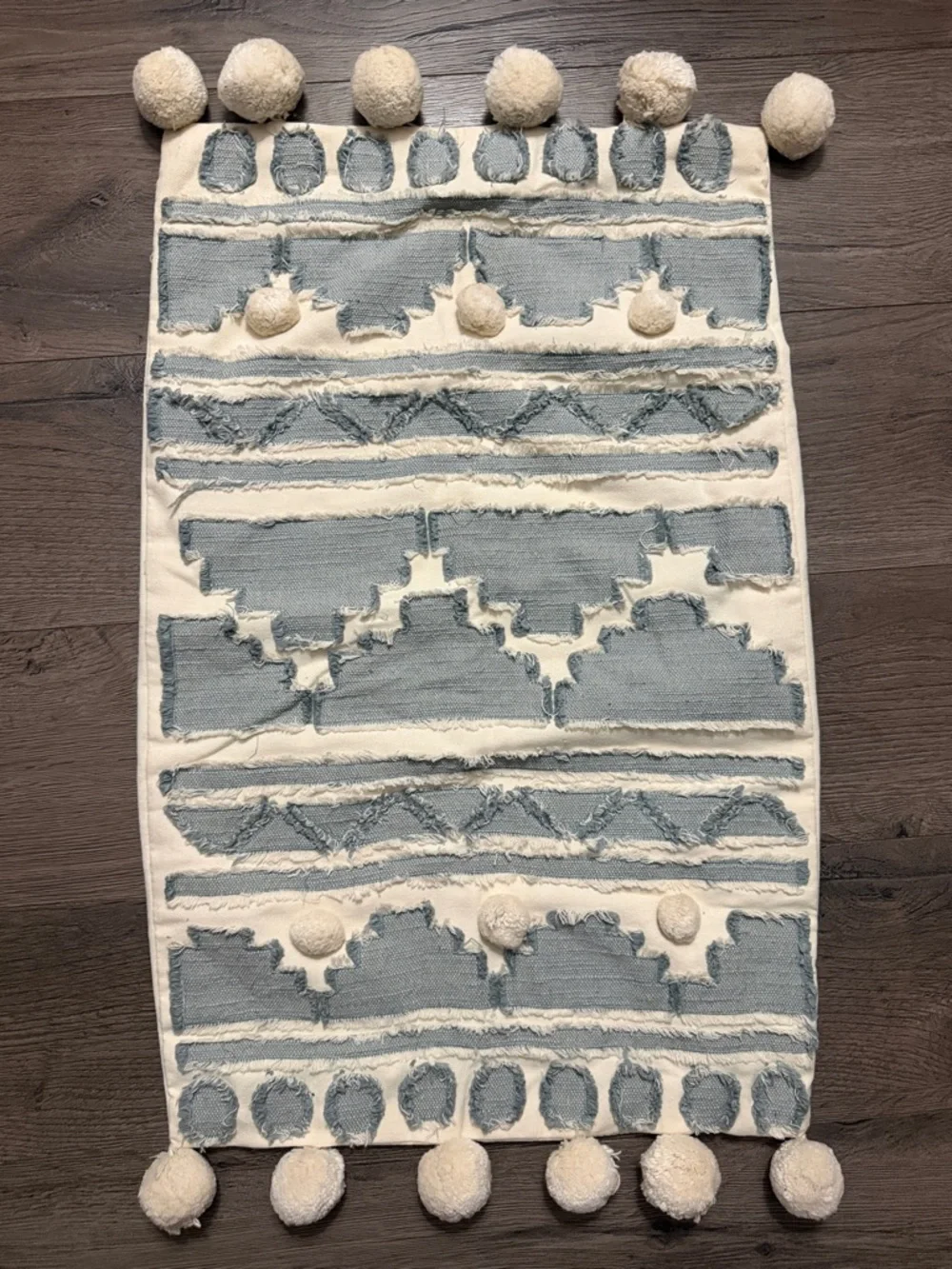 Lumbar Accent Pillow Cover Cream & Blue Aztec Design Pom Pom Farmhouse Boho